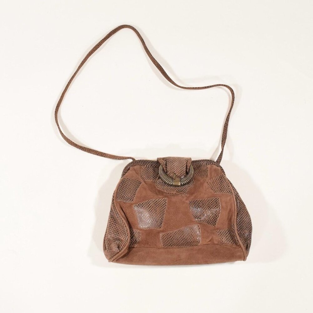 Vintage 1990s Purse Brown Leather Suede Patchwork Shoulder Pouch Bag